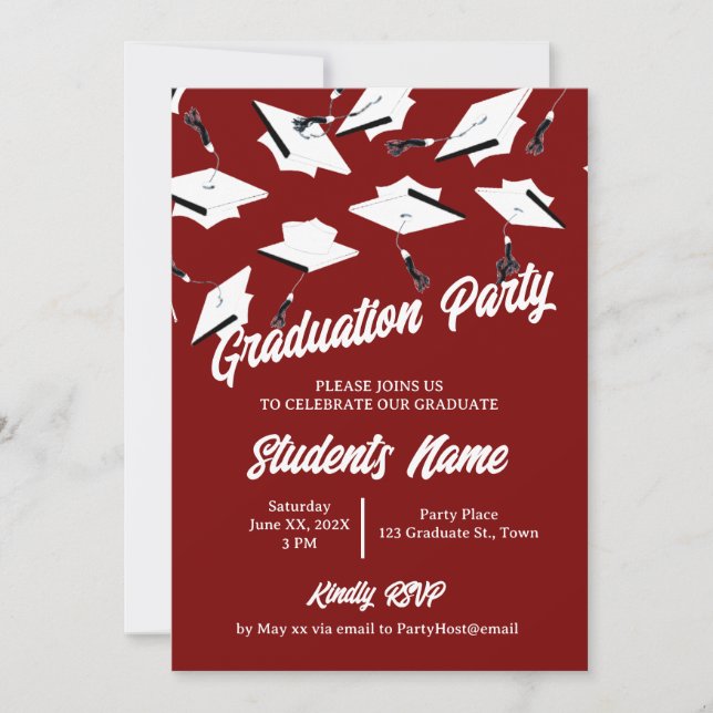 Invitation Graduation Caps Maroon et White Photo Grad Party (Devant)