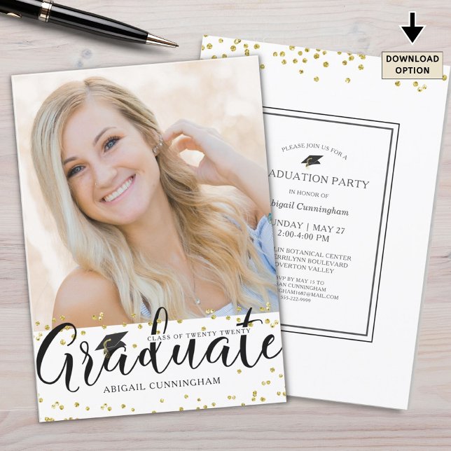 Invitation Graduation Chic Script Typographie Or Confetti (Créateur téléchargé)