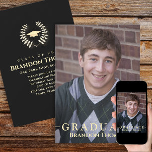 Invitation Graduation Classique Photo Lauréat Laurel Gold