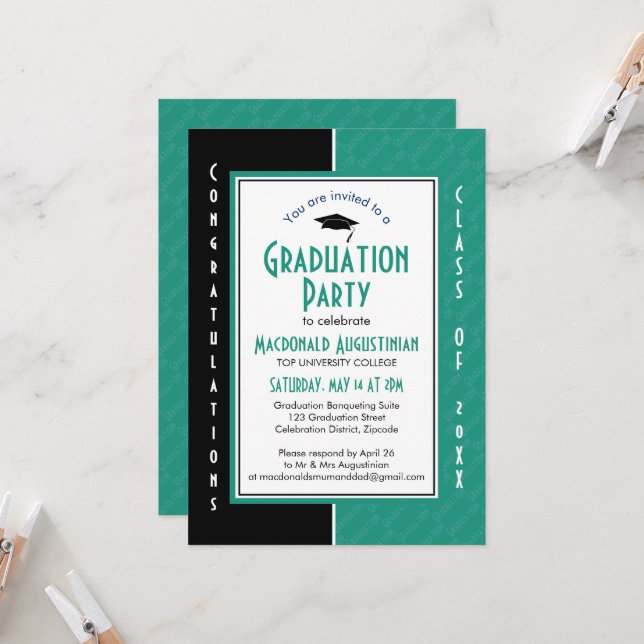 Invitation GRADUATION Custom TEAL Optometry Graduate (Devant/Arrière en situation)