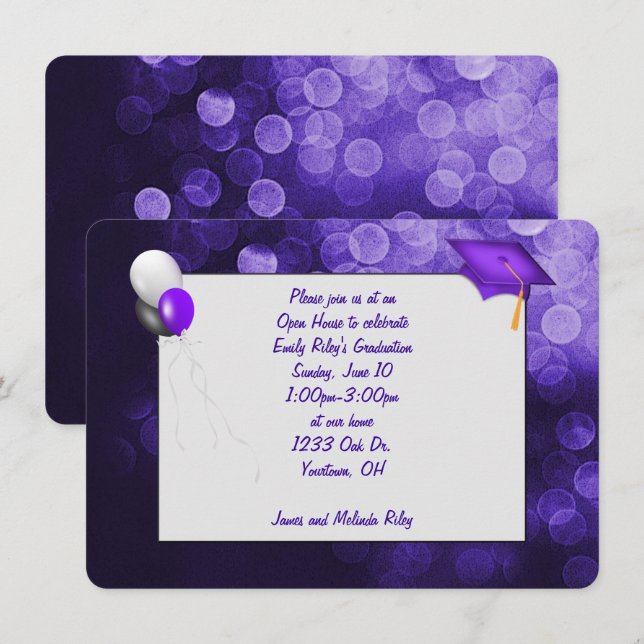 Invitation graduation de bokeh violet et noir (Devant / Derrière)