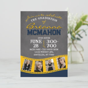 Invitation Graduation de la bande de film Navy & Gold Chalkbo