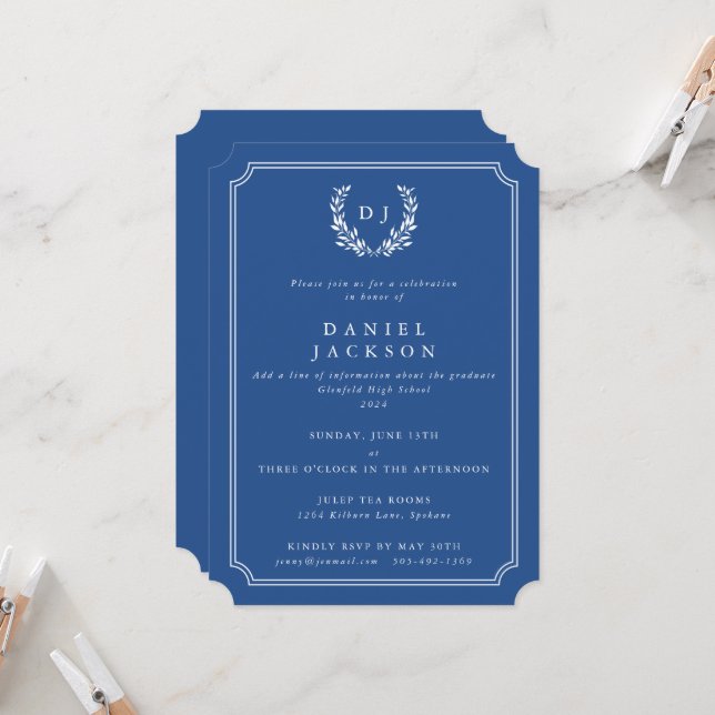 Invitation Graduation de la couronne de laurier de monogramme (Devant/Arrière en situation)