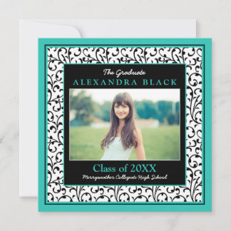 Invitation Graduation de la photo en noir blanc turquoise