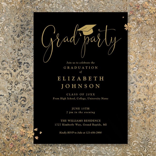 Invitation Graduation De Script Black And Gold Grad Party (Black And Gold Grad Party Script Graduation Invitation)