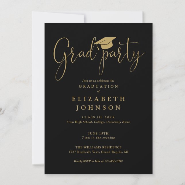 Invitation Graduation De Script Black And Gold Grad Party (Devant)