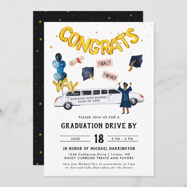 Invitation Graduation Drive By Parade Party | Limo blanc (Devant / Derrière)