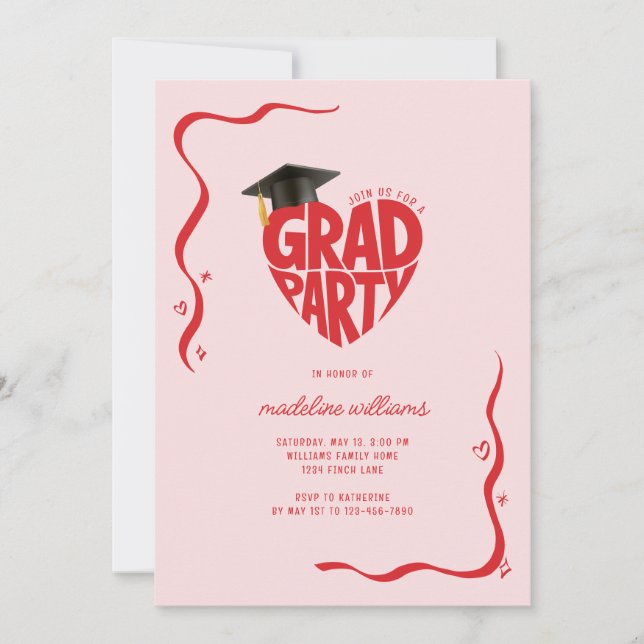 Invitation Graduation du Whimsical Heart Grad Party (Devant)