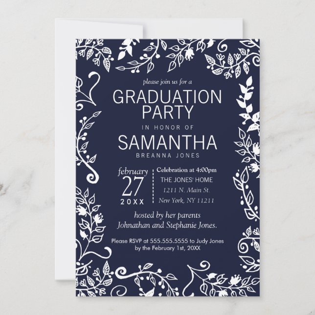 Invitation Graduation en bleu et blanc de la marine (Devant)