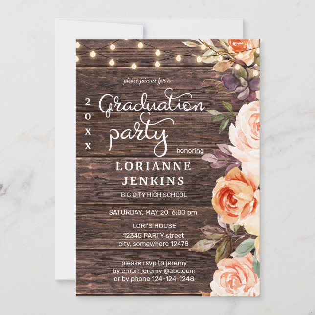 Invitation Graduation en bois floral rose et brun (Devant)