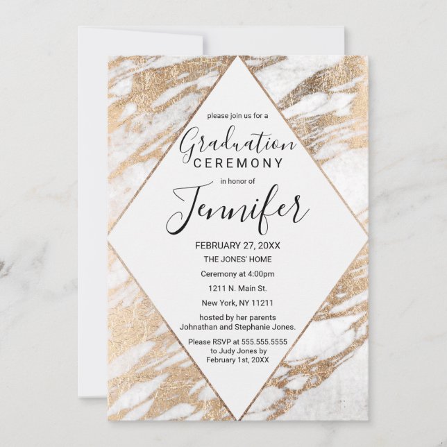 Invitation Graduation en marbre moderne blanc d'or chic (Devant)