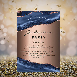 Invitation Graduation fête bleue agate rose or luxe