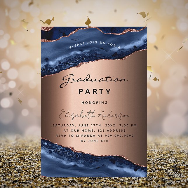 Invitation Graduation fête bleue agate rose or luxe (Créateur téléchargé)