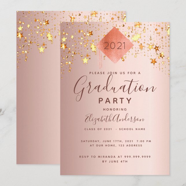 Invitation Graduation fête rose or meilleures étoiles (Devant / Derrière)