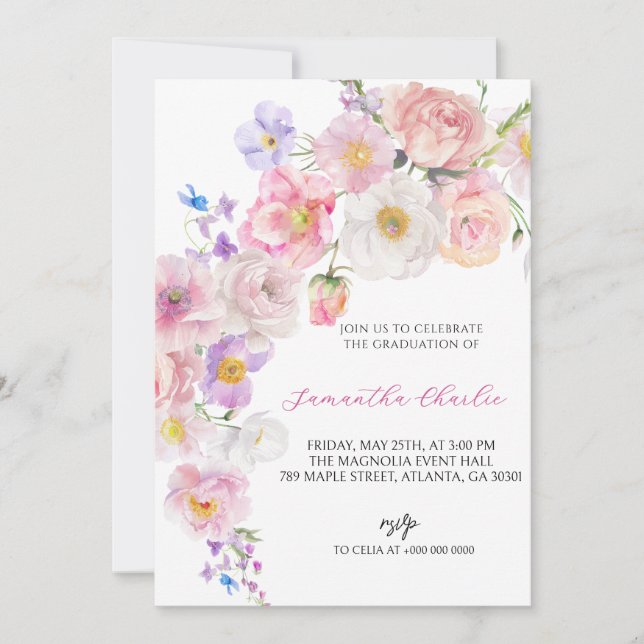 Invitation Graduation fleur sauvage rose (Devant)