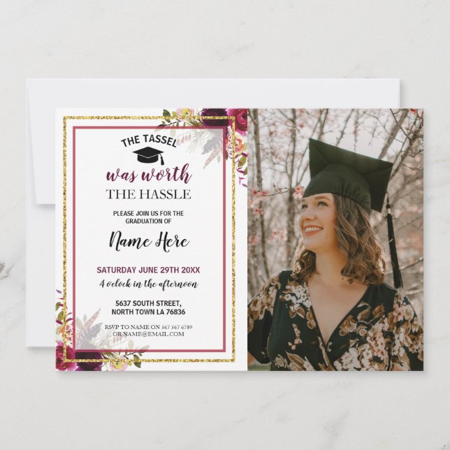 Invitation Graduation Floral Berry Gold Photo (Devant)