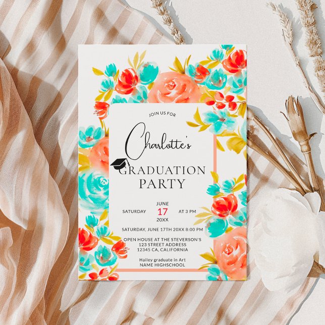 Invitation graduation florale de Bohème orange vif (Bohemian bright orange blue floral graduation invitation)