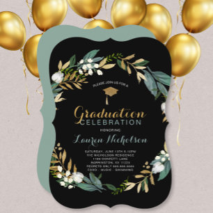 Invitation Graduation Florale d'or noir