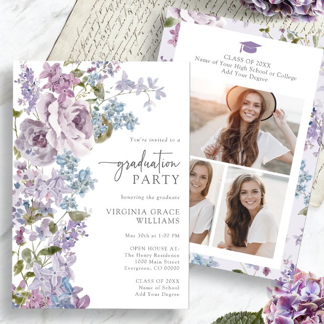 Invitation Graduation florale pourpre (Watercolor Floral Purple Lilac Graduation Invitation Pictures on back by Painted Paperie
)