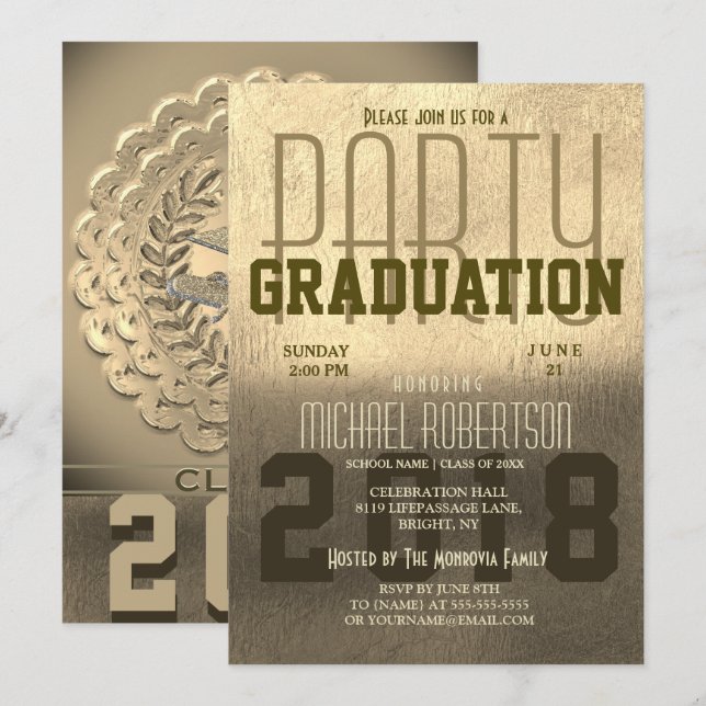 Invitation Graduation Fun Gold Foil Metallic (Devant / Derrière)