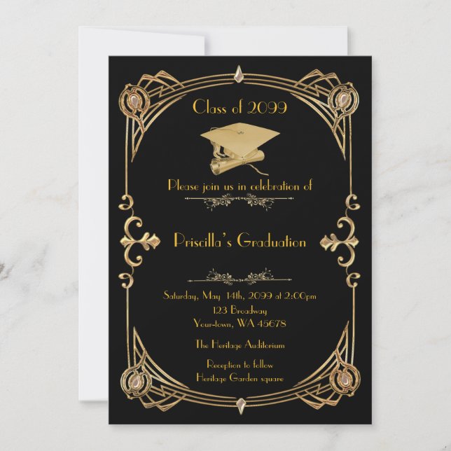 Invitation Graduation, Gatsby style, or noir, monogramme reto (Devant)