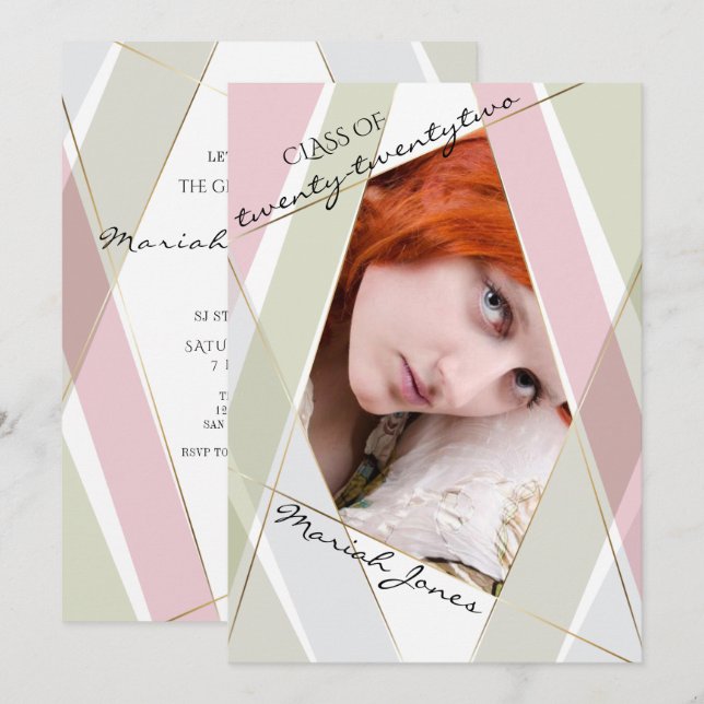 Invitation Graduation Geo Frame Pale Tea Green Blush Rose (Devant / Derrière)