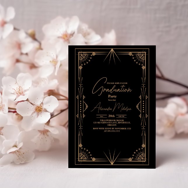 Invitation Graduation géométrique noir foncé Gatsby or (Créateur téléchargé)