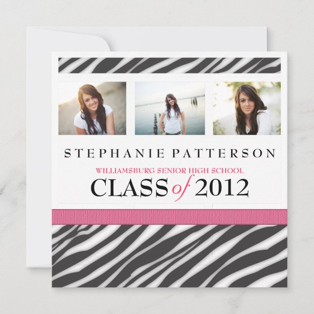 Invitation Graduation Glamor Girl Zebra Imprimer avec le rose (Devant)