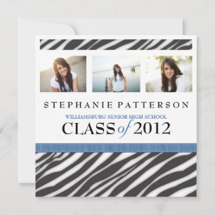 Invitation Graduation Glamor Girl Zebra Imprimer en bleu