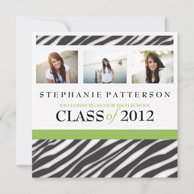 Invitation Graduation Glamor Girl Zebra Imprimer en vert (Devant)