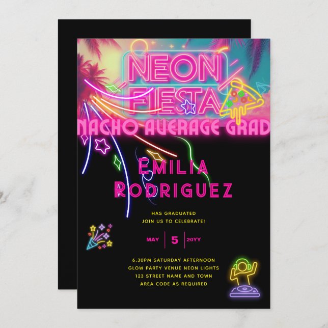 Invitation Graduation Glow Party Invitación Fiesta de Neón (Devant / Derrière)