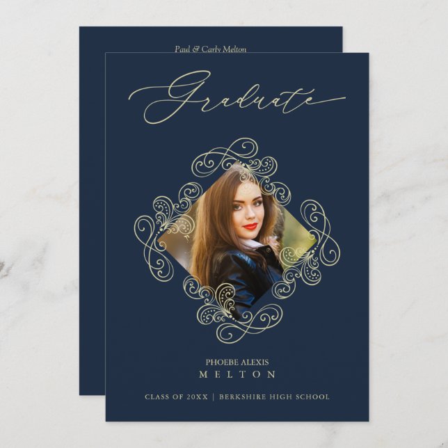 Invitation Graduation Gold Diamond Flourish Photo Invitation. (Devant / Derrière)