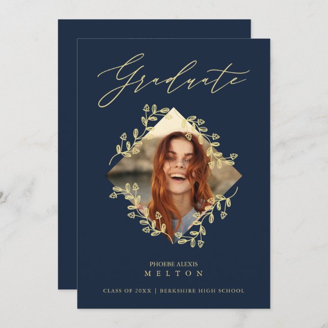 Invitation Graduation Gold Diamond Wildflower Navy Photo (Devant / Derrière)