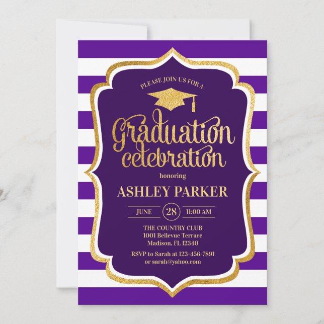 Invitation Graduation - Gold Purple White Stripes (Devant)