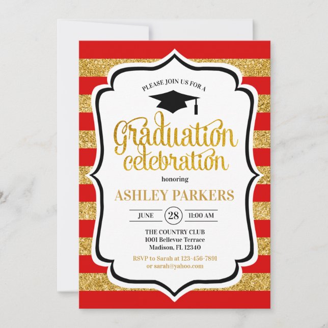 Invitation Graduation - Gold Red Stripes (Devant)