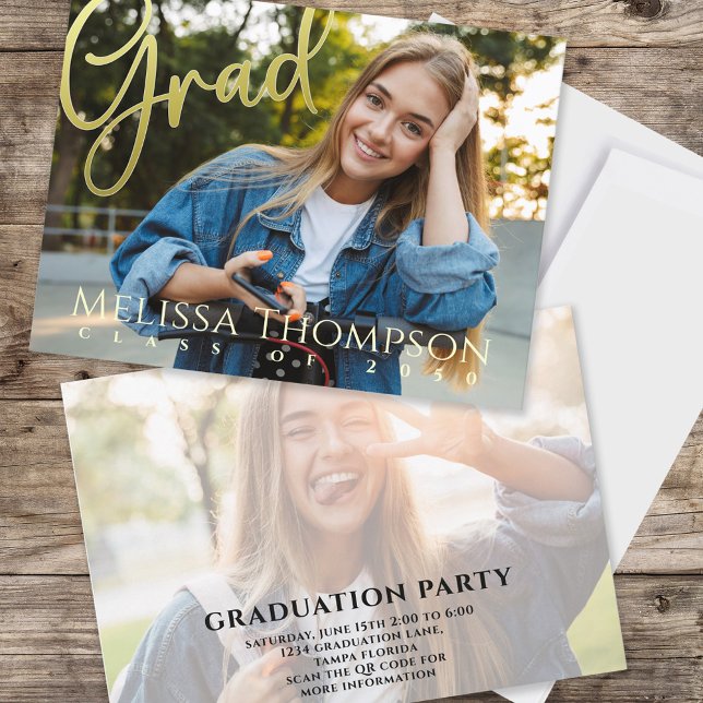 Invitation Graduation Grad Gold Calligraphie Simple Deux phot (Graduation photo invitation template with gold calligraphy script. )