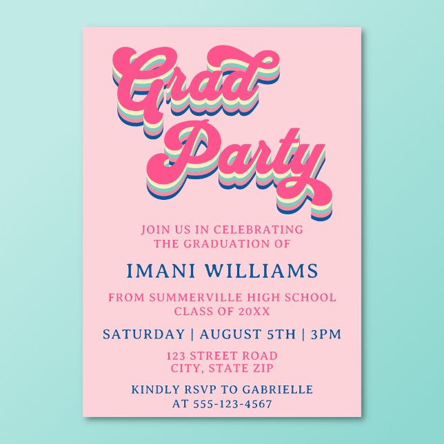 Invitation Graduation Grad Party Super Retro Typographie (Retro groovy grad party invitation on a turquoise background.)