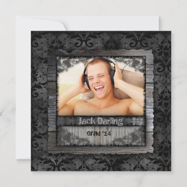Invitation Graduation Grad Wood Damask Photo Vintage (Devant)