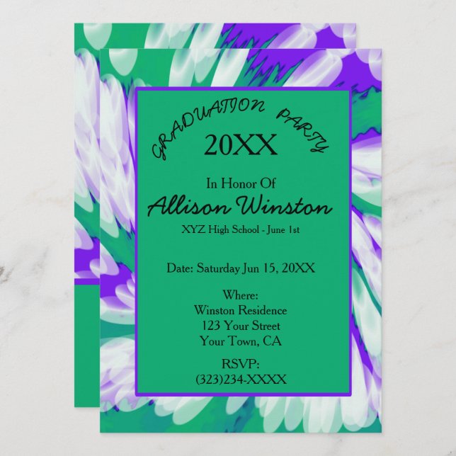 Invitation Graduation Green Purple Tie Dye Swirl (Devant / Derrière)