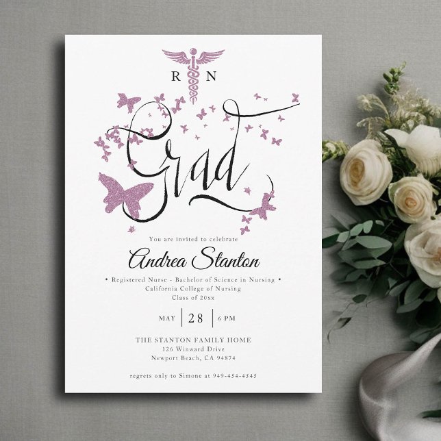 Invitation Graduation Infirmière Papillon pourpre Calligraphi (nurse graduation party invitation purple butterflies caduceum grad calligraphy elegant classic chic)
