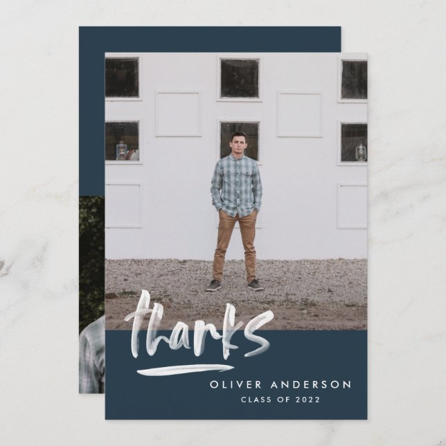Invitation Graduation marine bleu script 3 photo merci (Devant / Derrière)