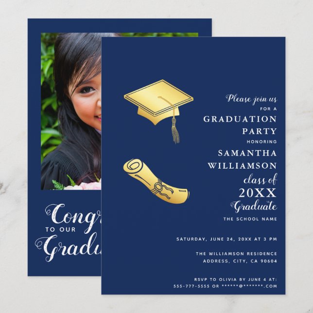 Invitation Graduation Marine Blue White Gold Classe de photo  (Devant / Derrière)