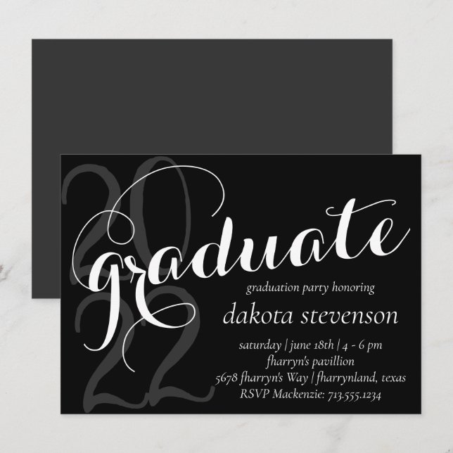Invitation Graduation moderne | Blanc noir classique (Devant / Derrière)