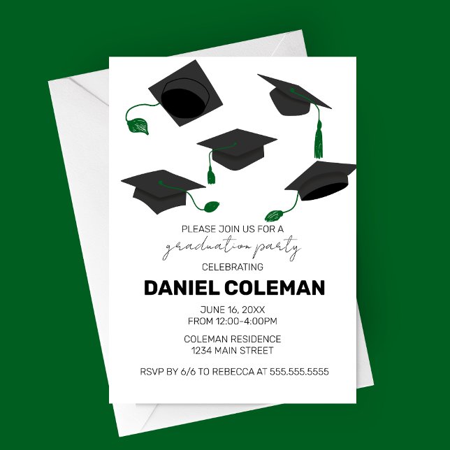 Invitation Graduation Moderne Cap Jeu de Graduation (Green Tassel Hat Toss Graduation Party invitation)