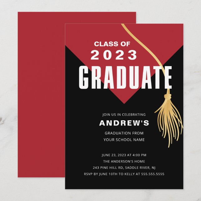 Invitation Graduation moderne Gras Casquette Rouge (Devant / Derrière)