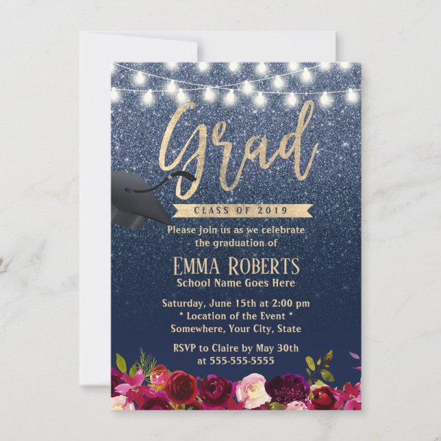 Invitation Graduation Moderne Marine Bleu Bourgogne Rouge Flo (Devant)