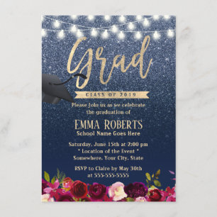 Invitation Graduation Moderne Marine Bleu Bourgogne Rouge Flo