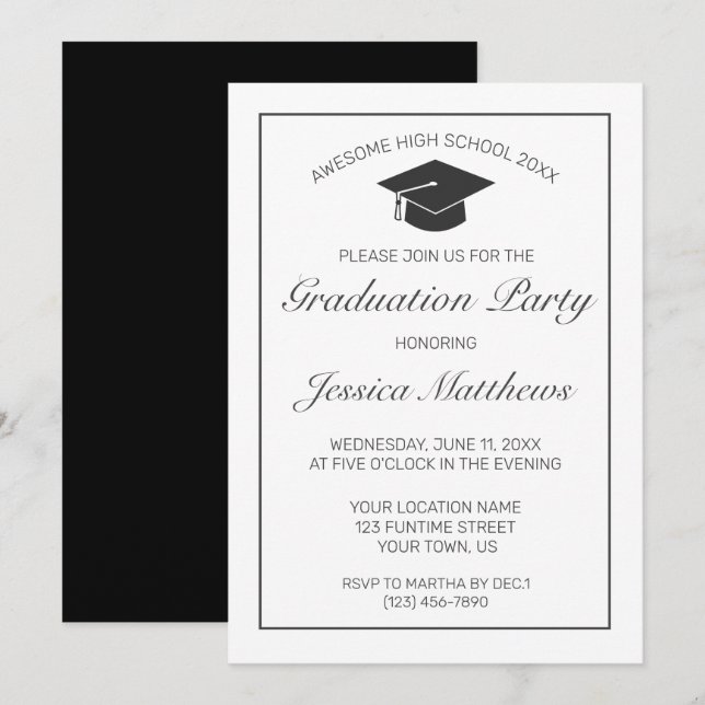 Invitation Graduation moderne minimaliste noir blanc (Devant / Derrière)