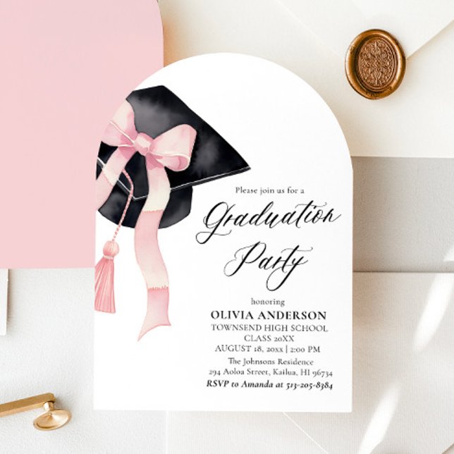 Invitation Graduation moderne Pink Bow Graduation Cap Arched (Créateur téléchargé)