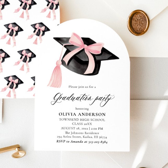Invitation Graduation moderne Pink Bow Graduation Cap Arched (Créateur téléchargé)
